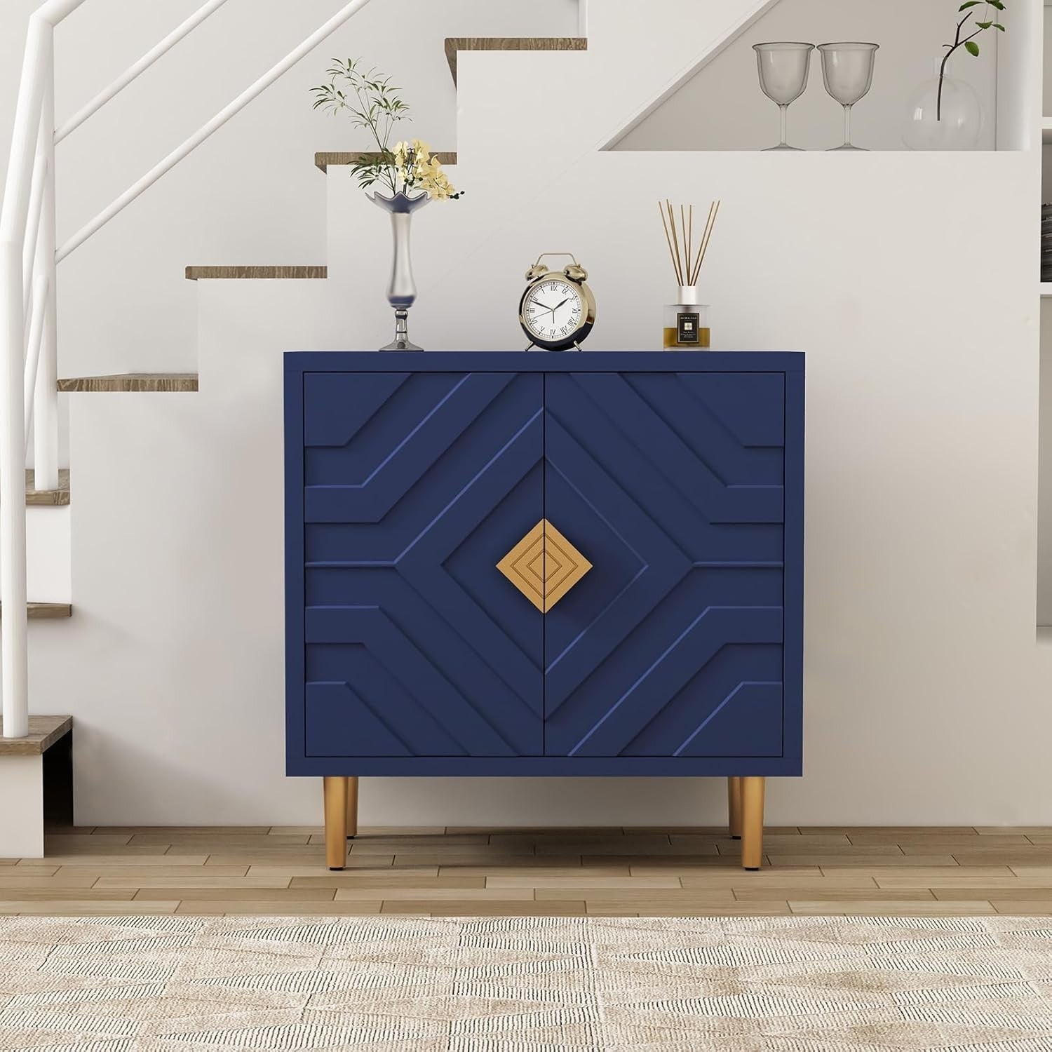 Modern 2-Door 3D Embossed Sideboard Storage Cabinet Blue with Gold Legs
