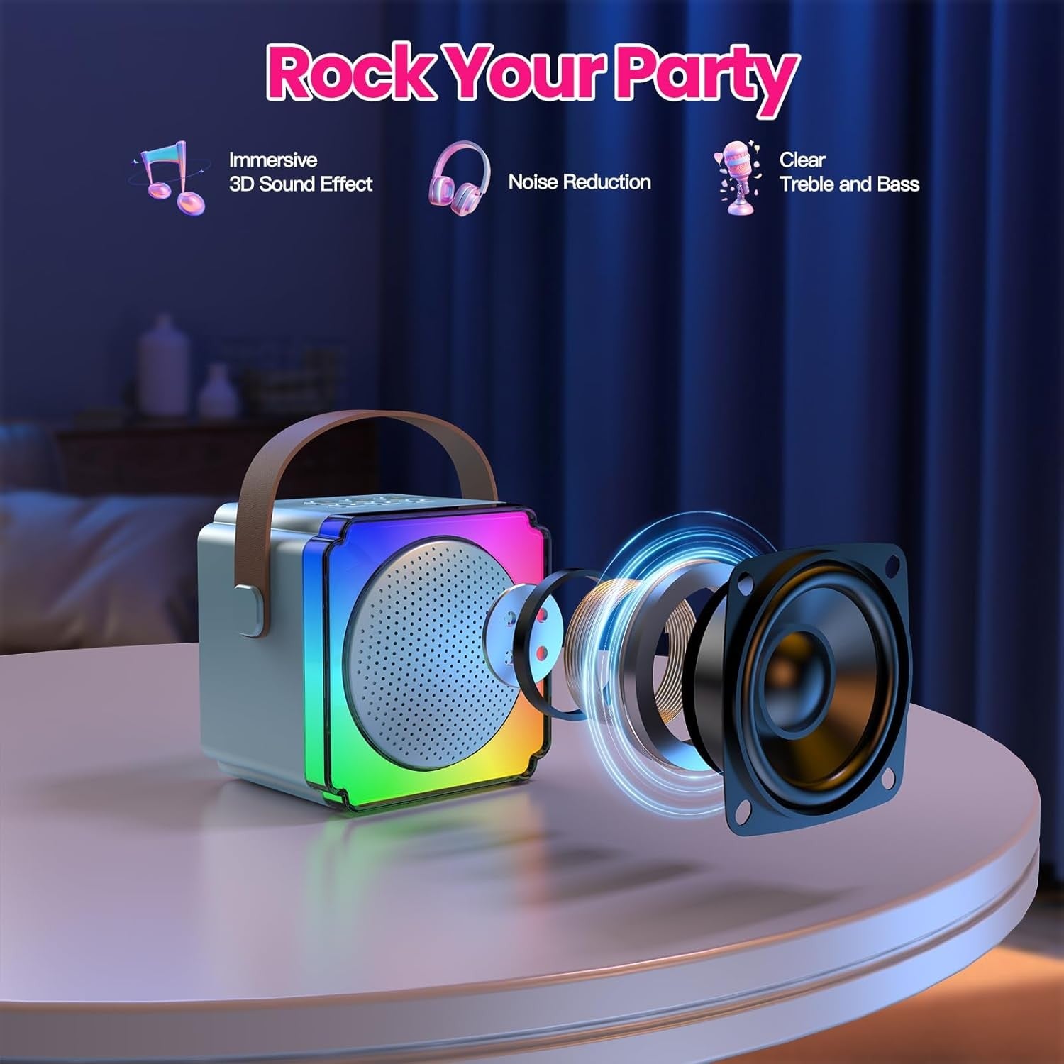 Blue Mini Karaoke Machine with 2 Wireless Mics LED Speaker & Bag