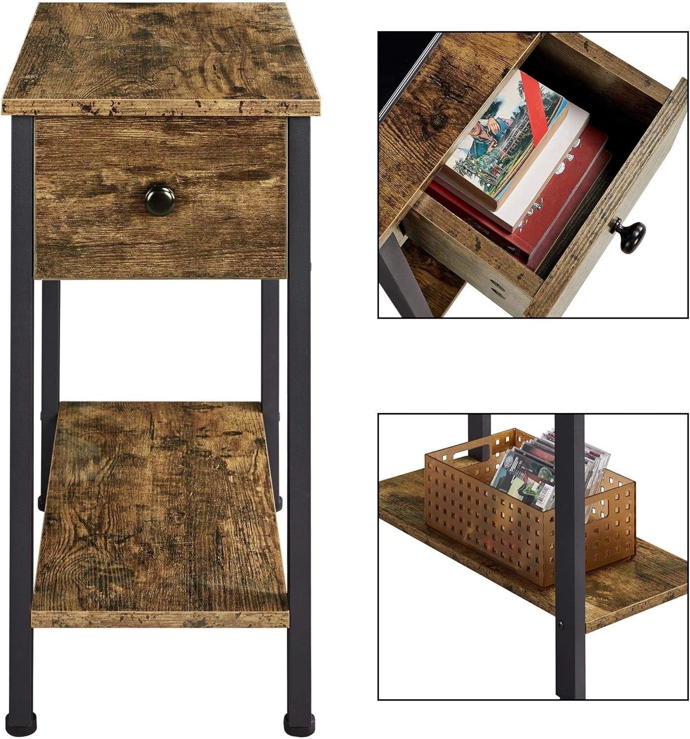 2-Tier Industrial Side Table with Drawer Narrow Rustic Brown 60x29.5x59.5cm