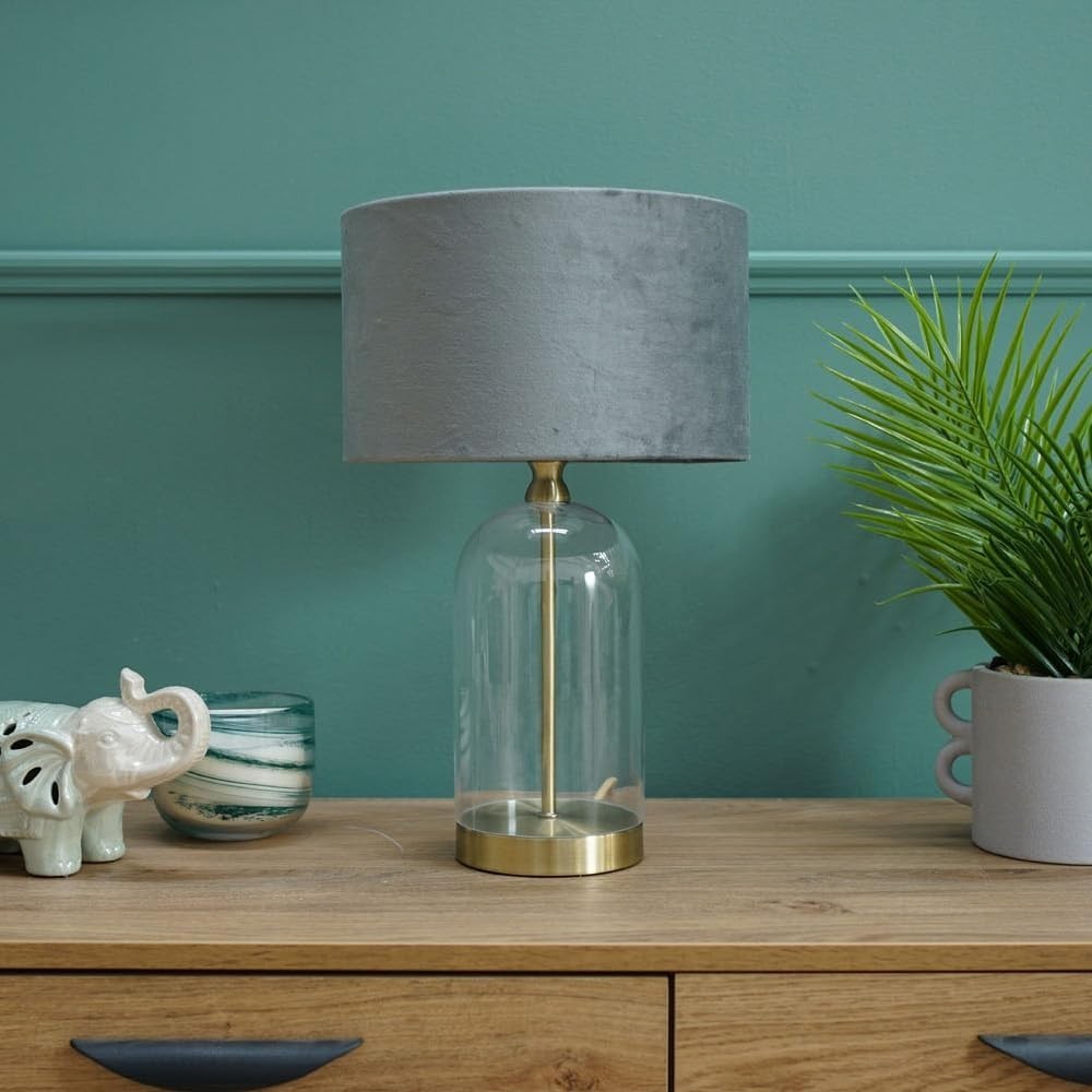 Gold Glass Table Lamp Grey Velvet Shade Bedside Desk Modern Light