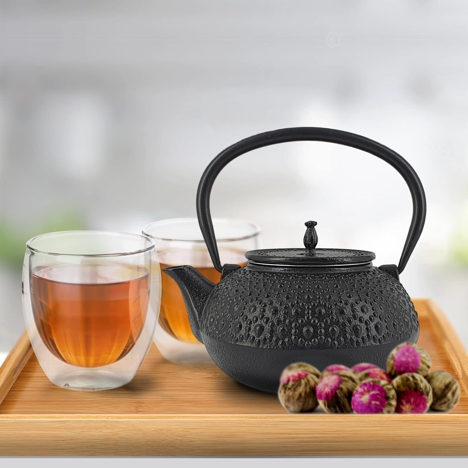 Cast Iron Teapot 650ml Tea Pot w/ Infuser Black Dotty Tetsubin Style