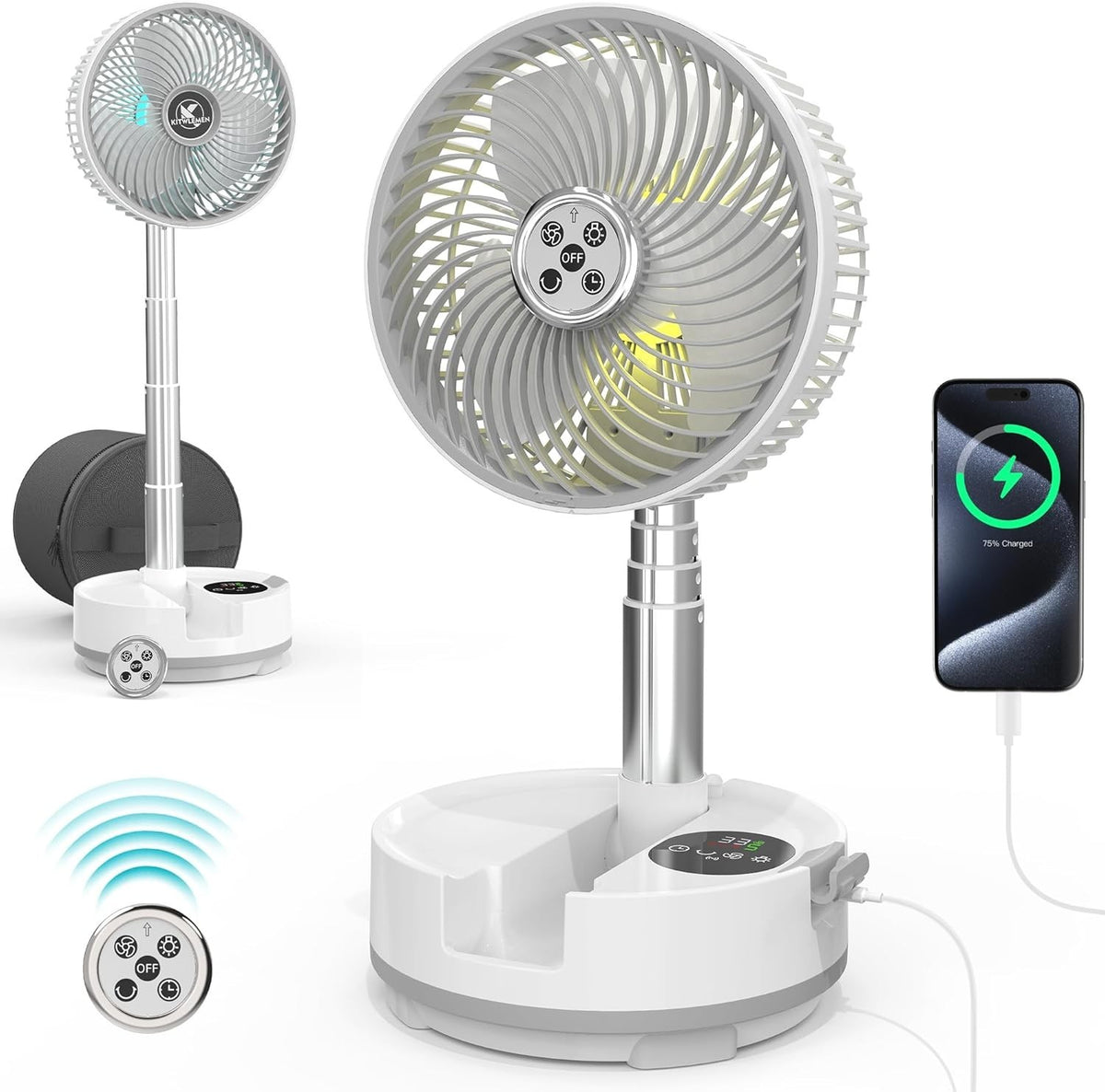 White Camping Fan – 20000mAh Rechargeable 8" Table Fan w/ Light, Timer & Remote