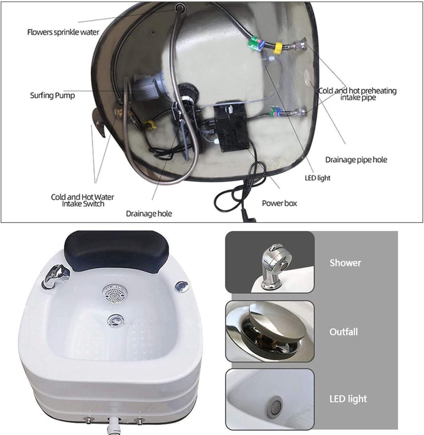Foot Spa Bath with Heat Massage Jets Acrylic Pedicure Tub 220V LED Soaking