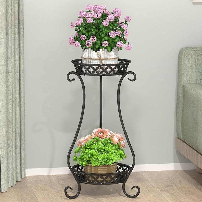 2 Tier Black Metal Plant Stand Indoor Outdoor Tall Flower Pot Display Shelf