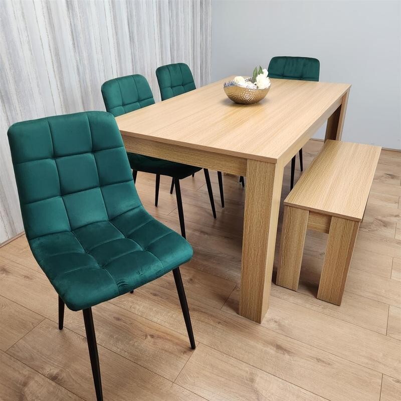 6 Seater Oak Effect Dining Table Set with Green Velvet Chairs & Bench Wood