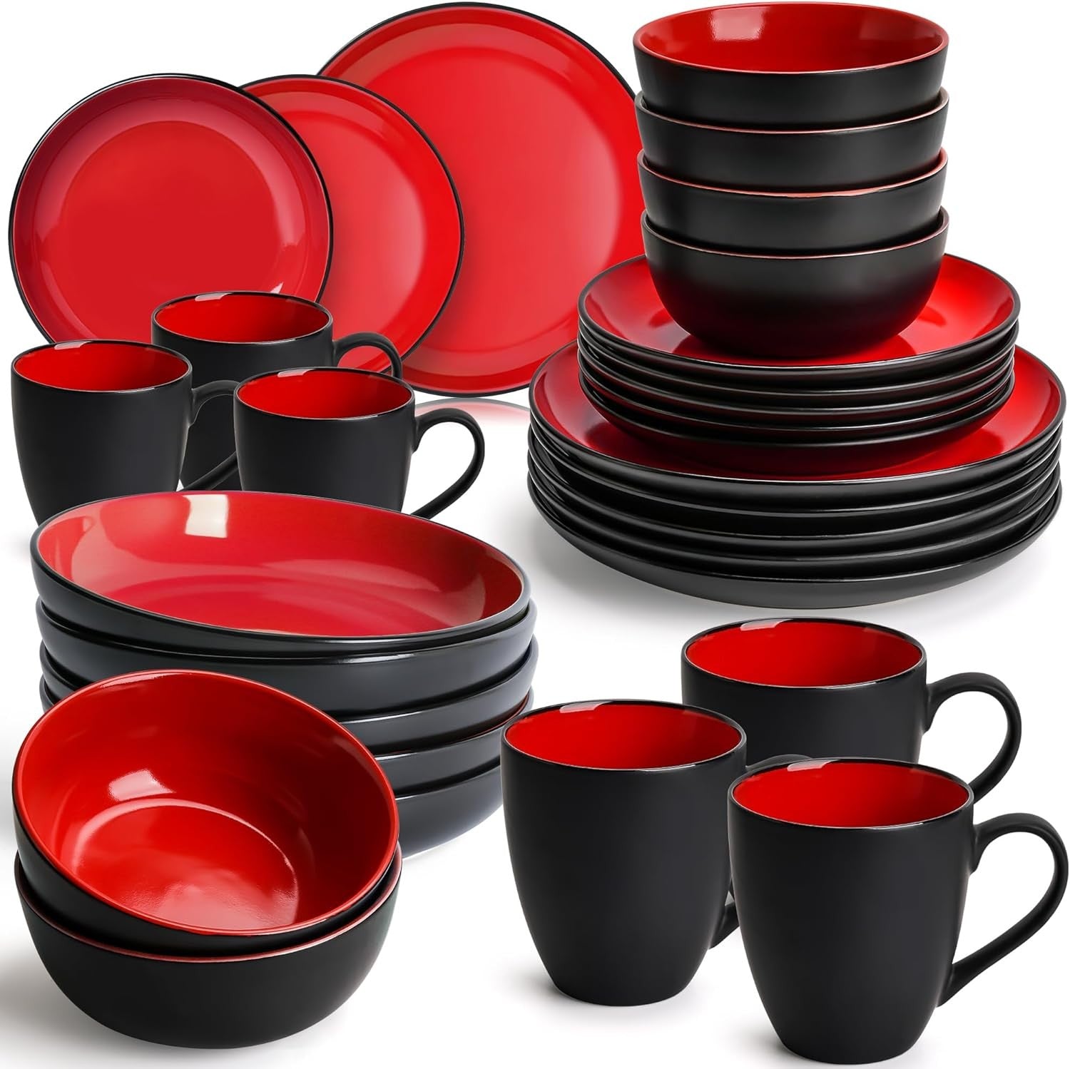 30pc Stoneware Dinner Set Red Plates Bowls Mugs Service for 6 Dishwasher