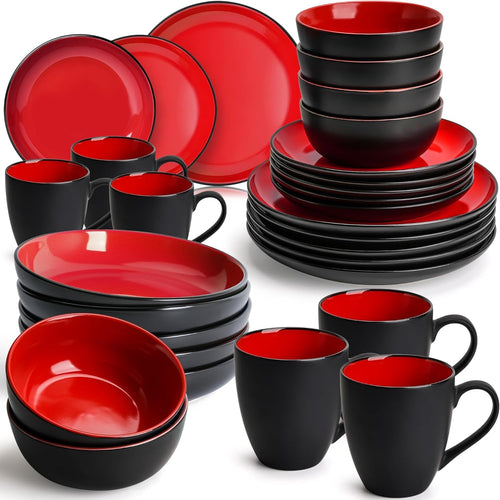 30pc Stoneware Dinner Set Red Plates Bowls Mugs Service for 6 Dishwasher