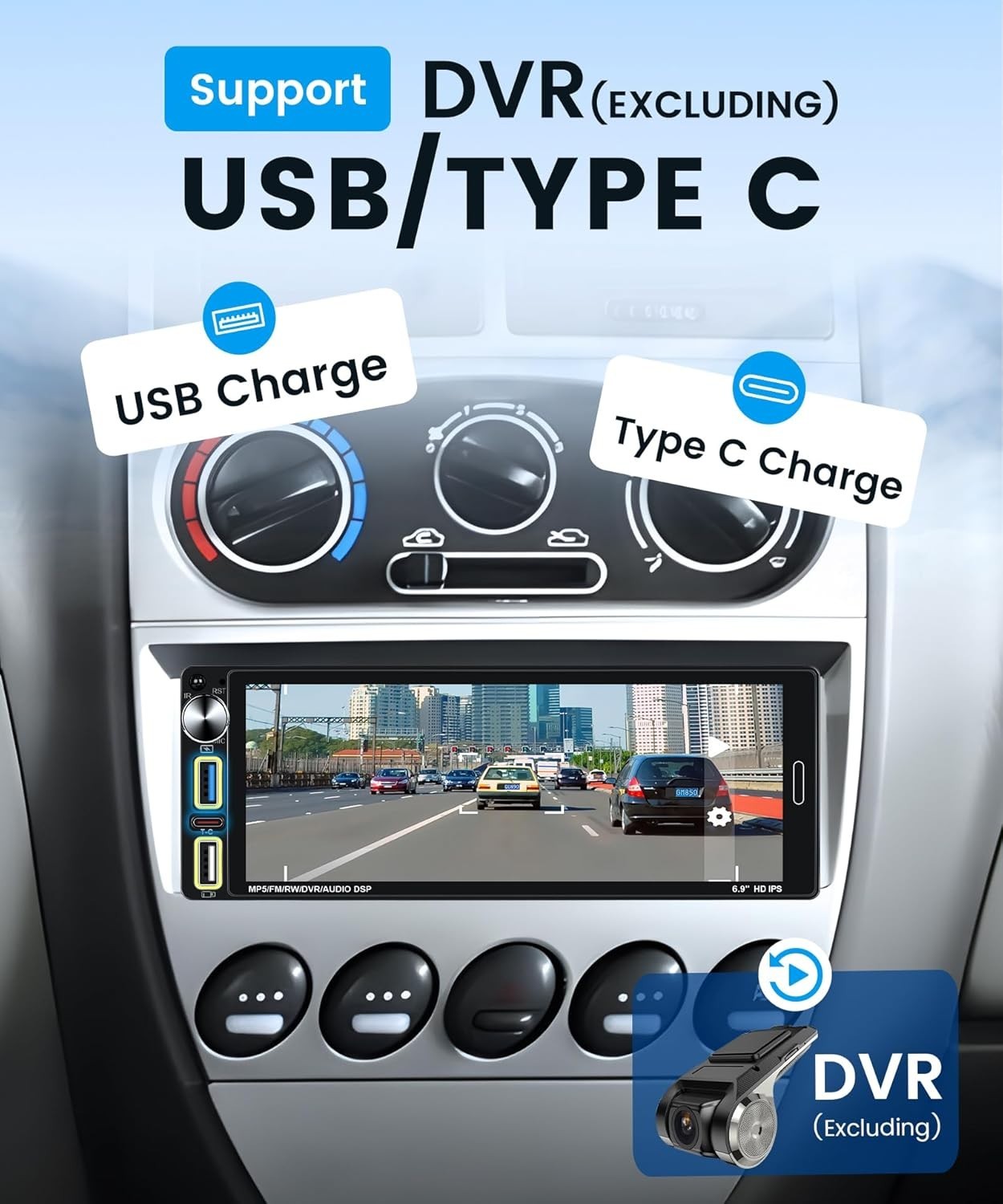6.9" Single Din Car Stereo Wireless CarPlay Android Auto FM Bluetooth