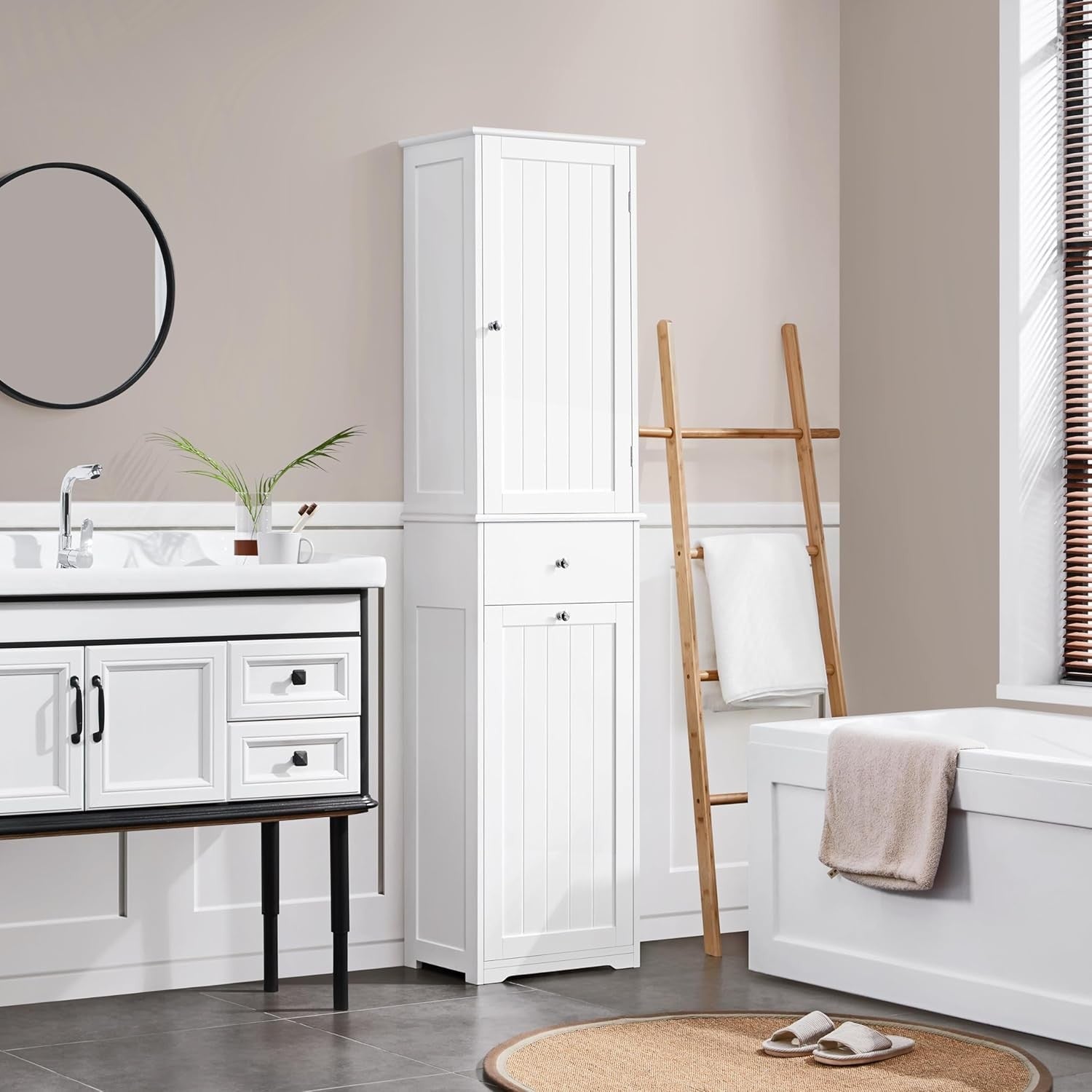 Tall Bathroom Cabinet with Tilt-Out Laundry Basket & Storage Shelves | 180cm Whi