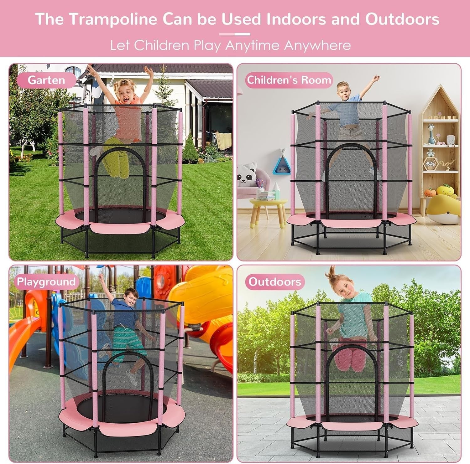55” Kids Trampoline Indoor Outdoor Safety Enclosure Floor Net Ages 3–10