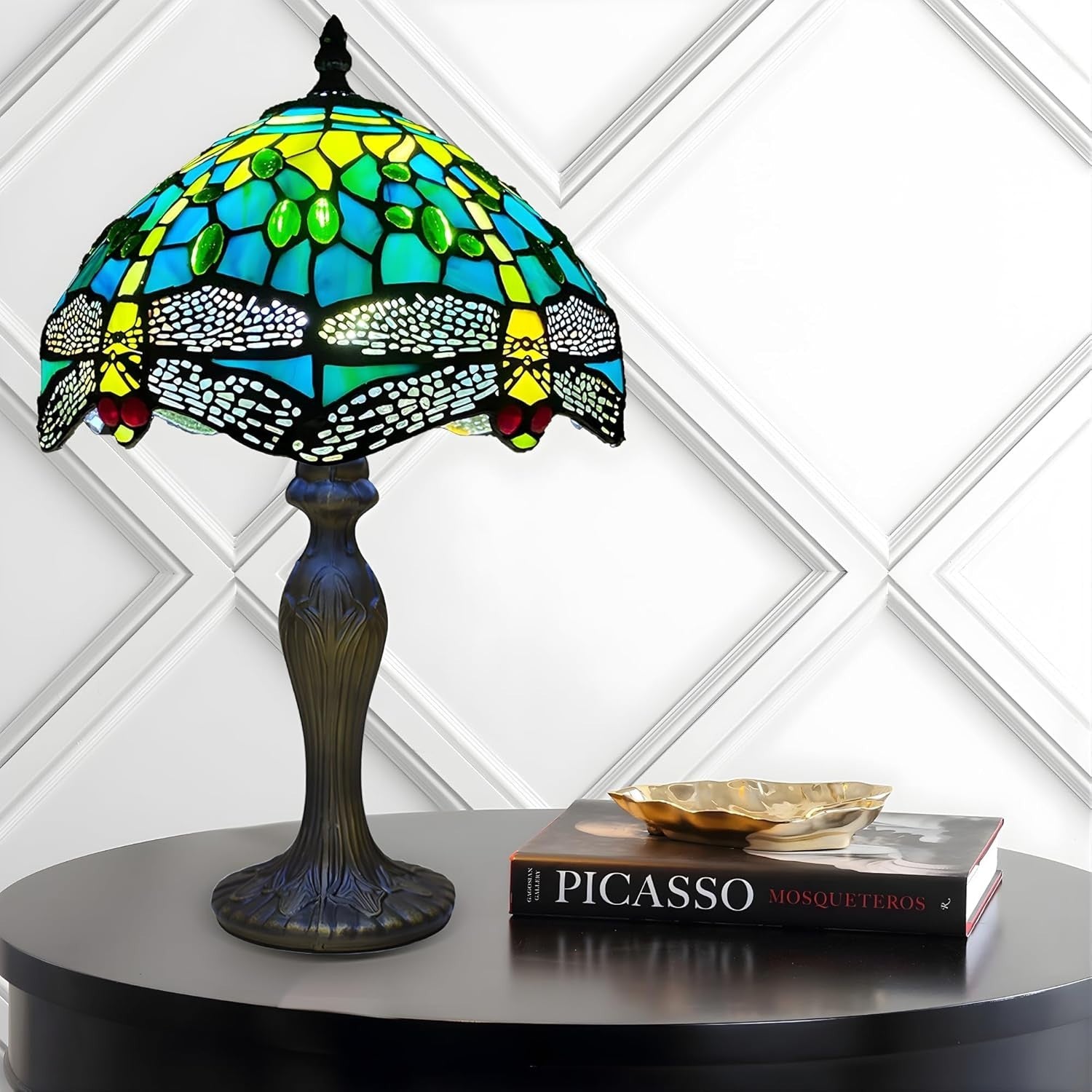 Tiffany Style Table Lamp Green Dragonfly Stained Glass 42cm E27