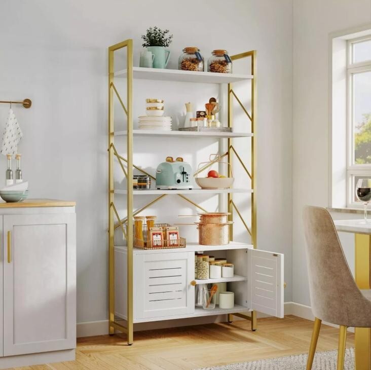 Modern 5 Tier Bookcase Storage Unit Display Rack with Cabinet Gold Frame