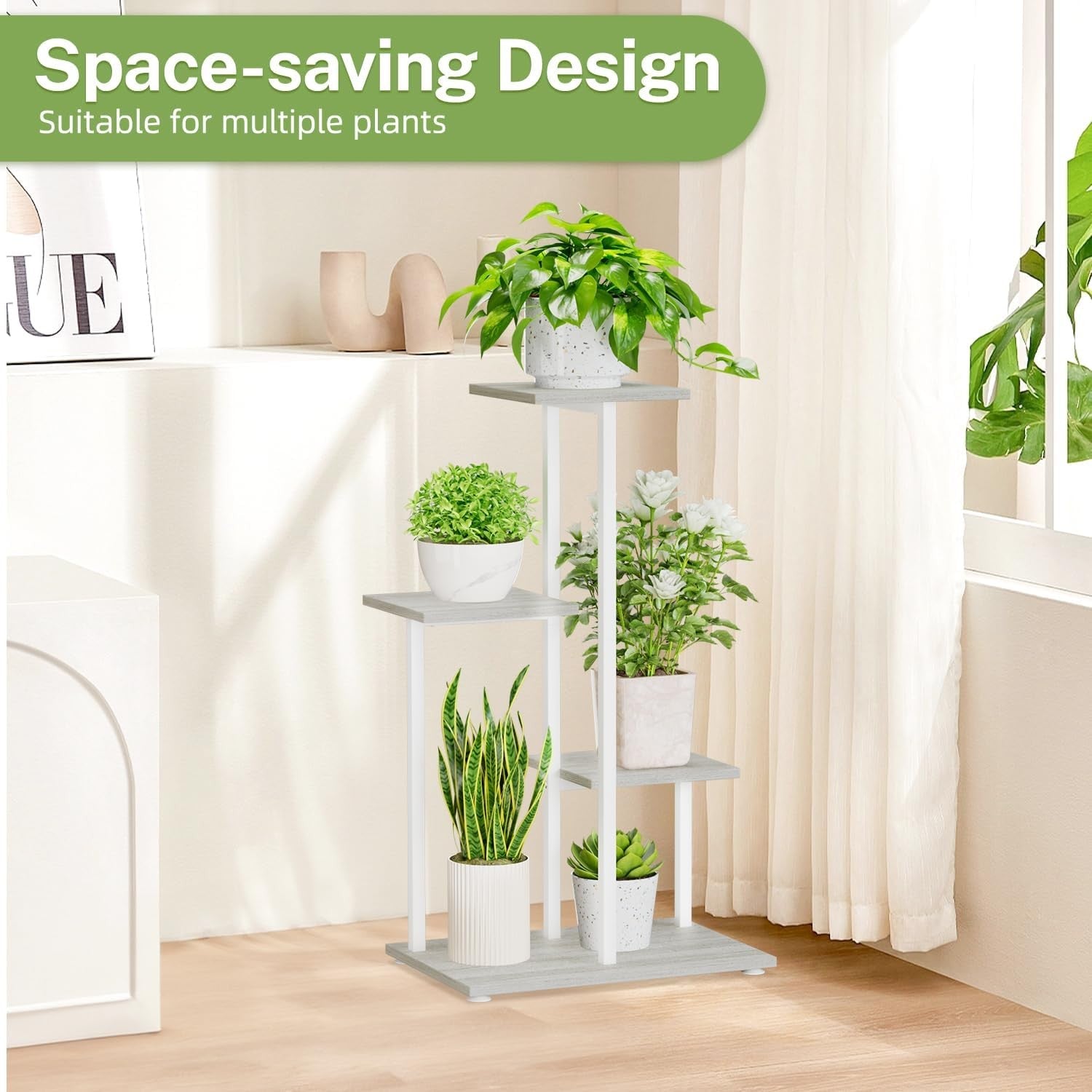 4 Tier White Metal & Wood Plant Stand | Modern Indoor Corner Shelf Display Rack