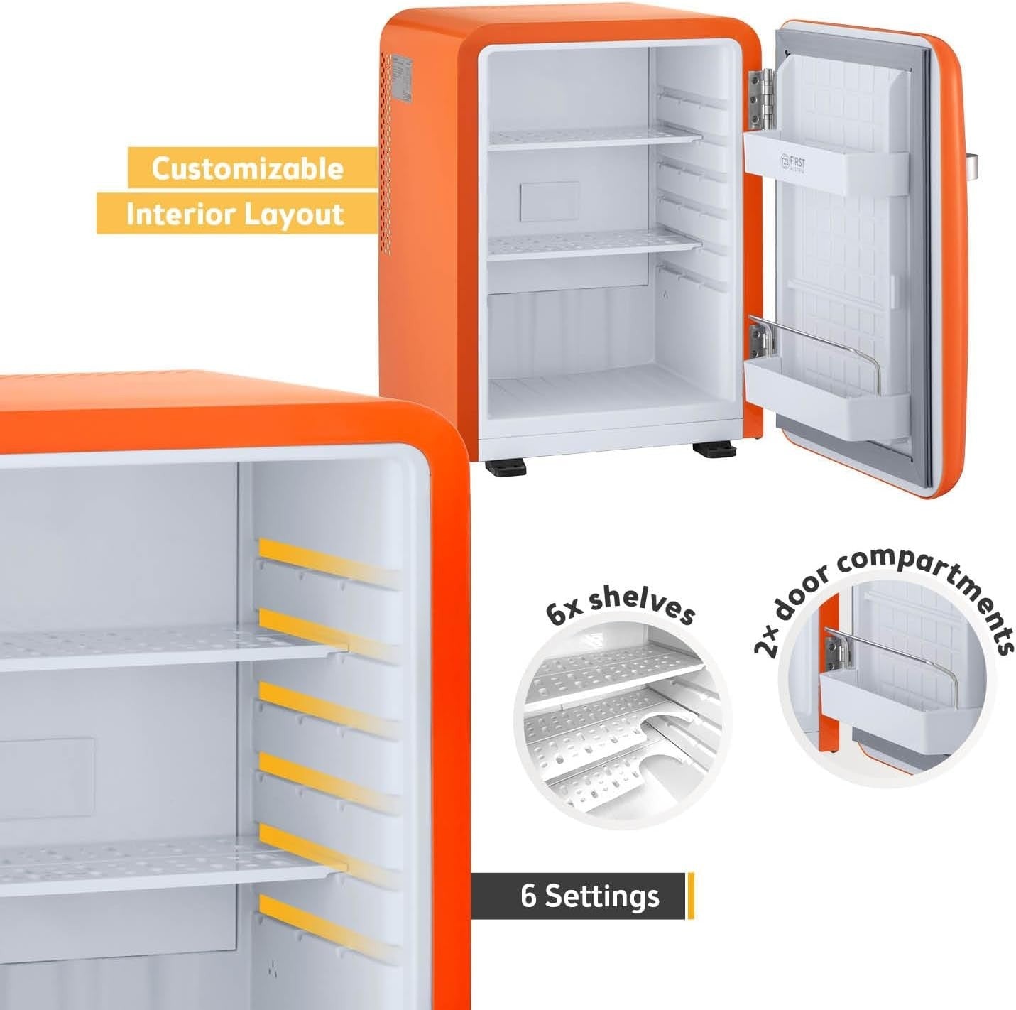 40L Retro Mini Fridge Silent Frost-Free LED Interior Freestanding Orange