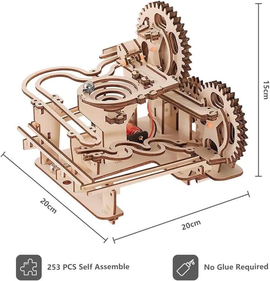 3D Wooden Marble Run Puzzle – 253pcs STEM Kit, Self Assembly, Gear Drive