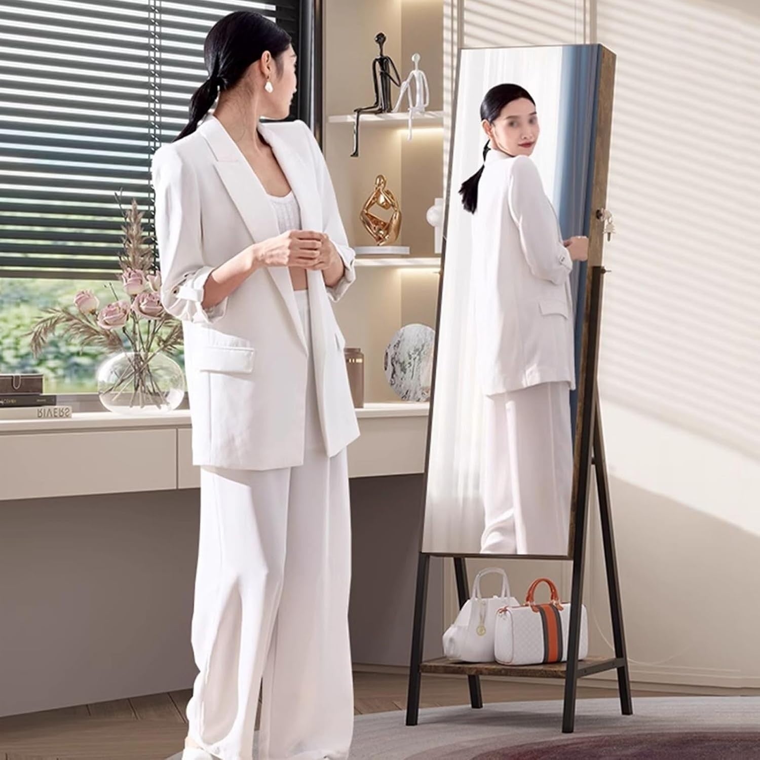LED Standing Jewelry Armoire Lockable Full Length Mirror Storage Grey