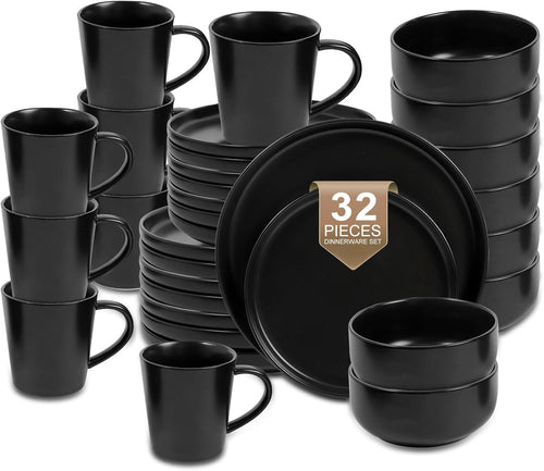 32pc Matte Black Dinner Set Ceramic Plates Bowls Mugs Modern Tableware