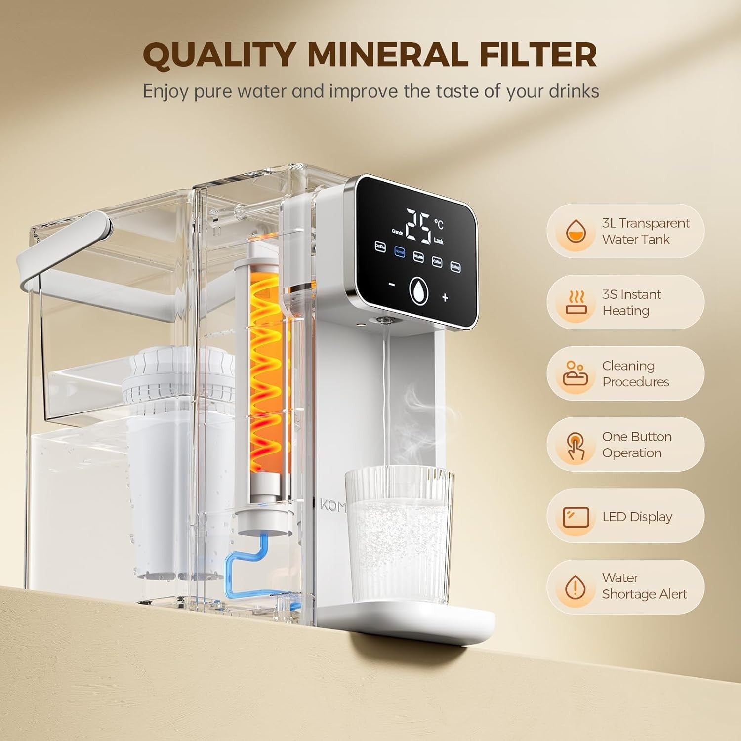 Instant Hot Water Dispenser 3L | 2200W Fast Boil Touch Screen Filter