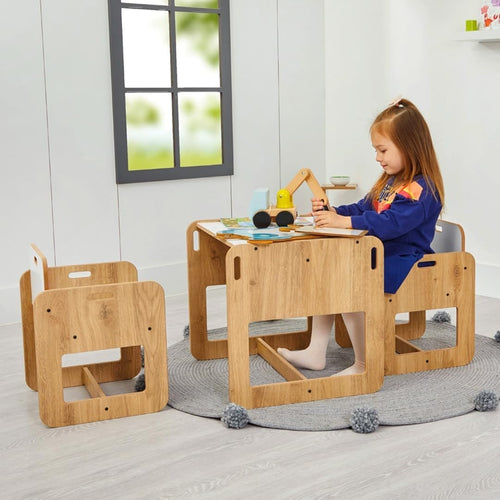 Kids Square Table & 2 Chairs Set MDF Natural Wood-Look, Safe Durable Play