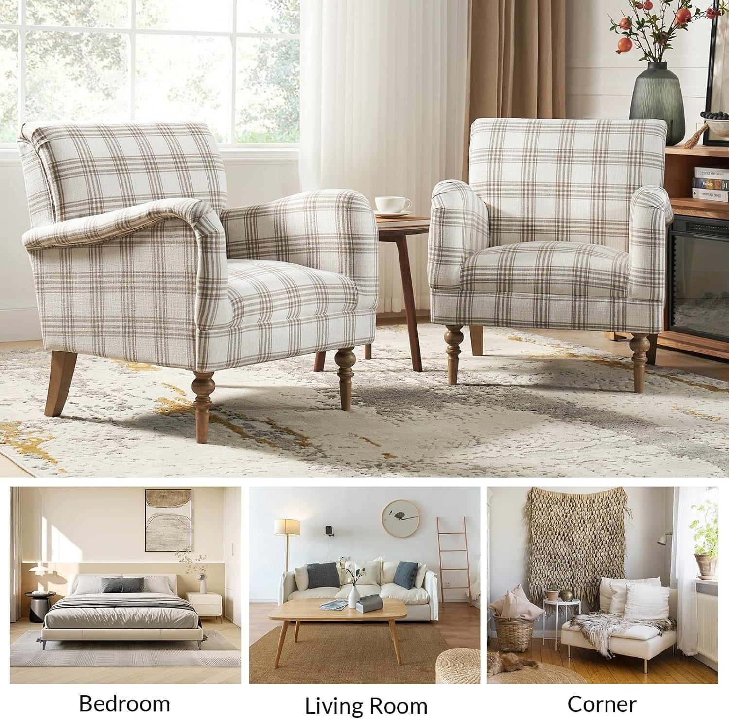 Plaid Armchair Lounge Chair Comfy Upholstered Seat Wood Legs Living Room