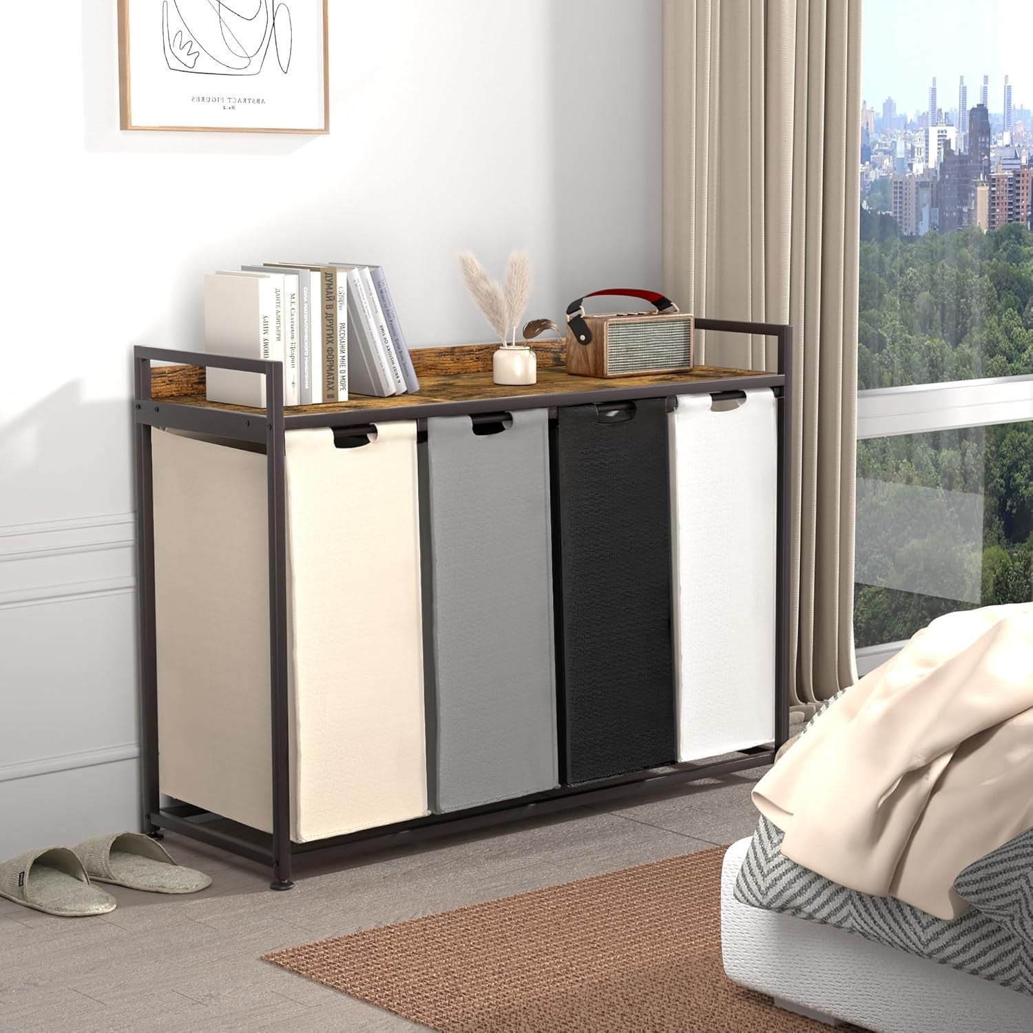 4 Section Laundry Hamper with Shelf Removable Bags Wheels Rustic Brown 240L