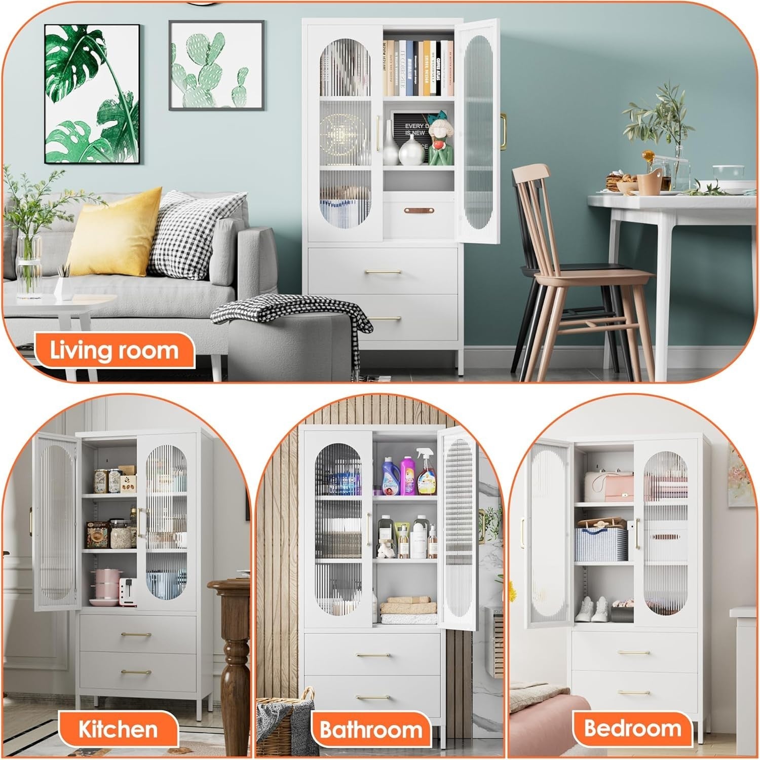 White Metal Office Storage Cabinet 2 Drawers Glass Doors 155H