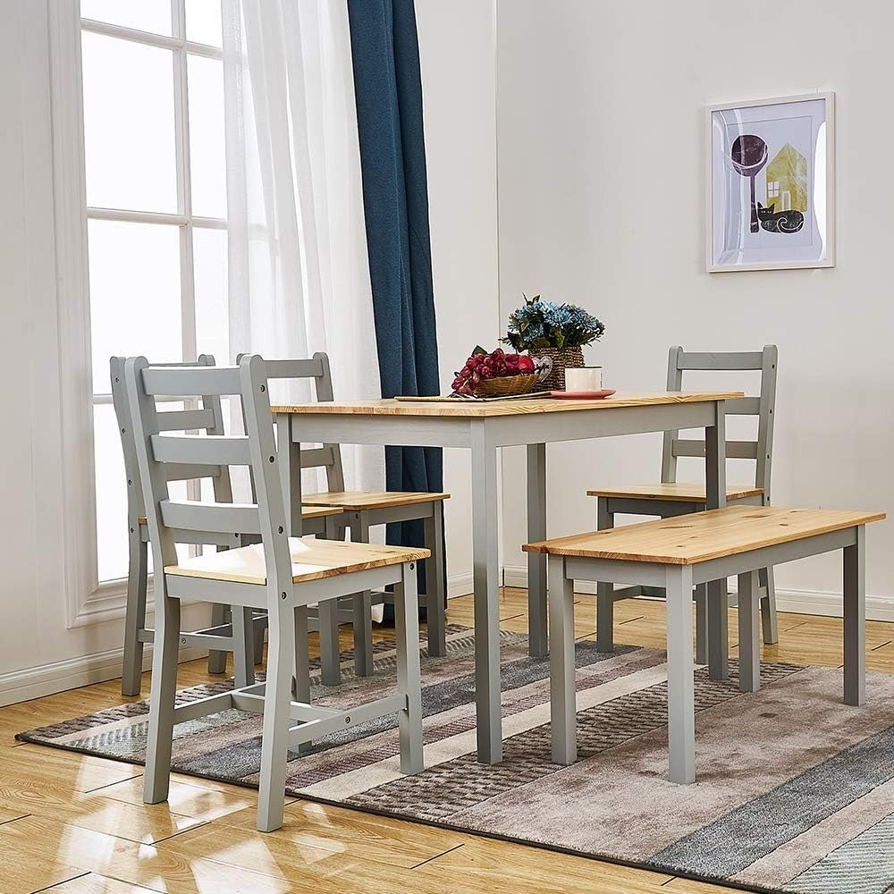 4 Seater Grey Pine Dining Table Set Wood Kitchen Room Furniture Compact