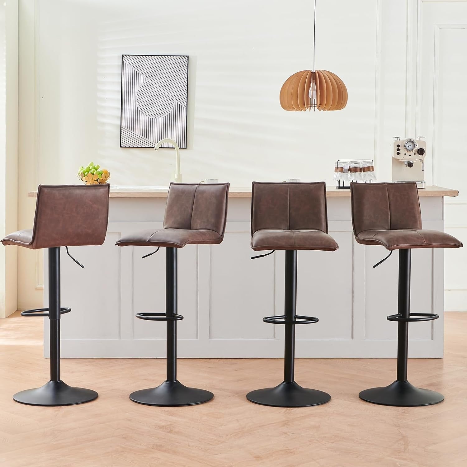 Pu Brown Faux Leather Bar Stool Set of 4 Adjustable Swivel Kitchen Chairs