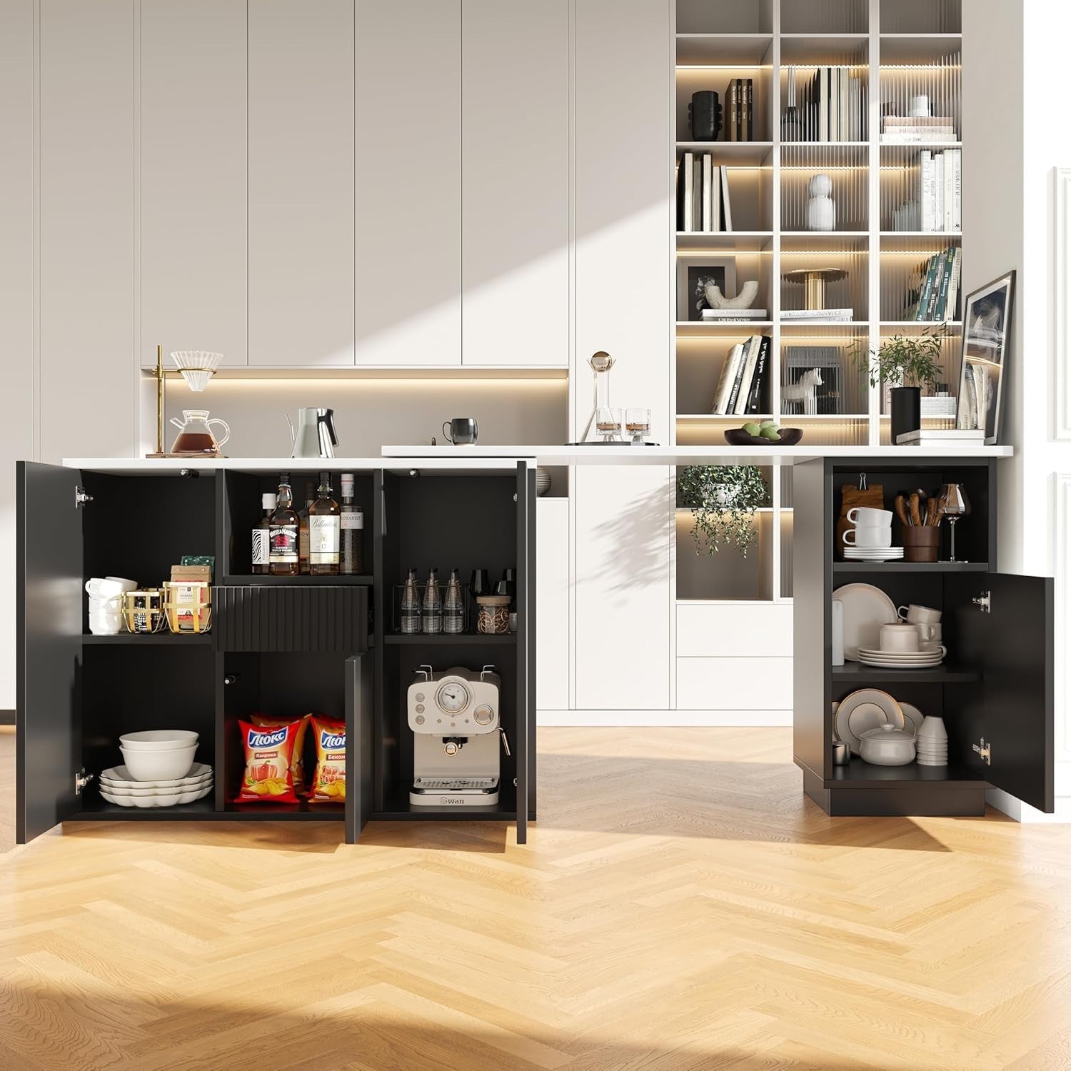 360° Swivel Bar Table with 4 Doors & Drawer Marble Top Storage Cabinet Black