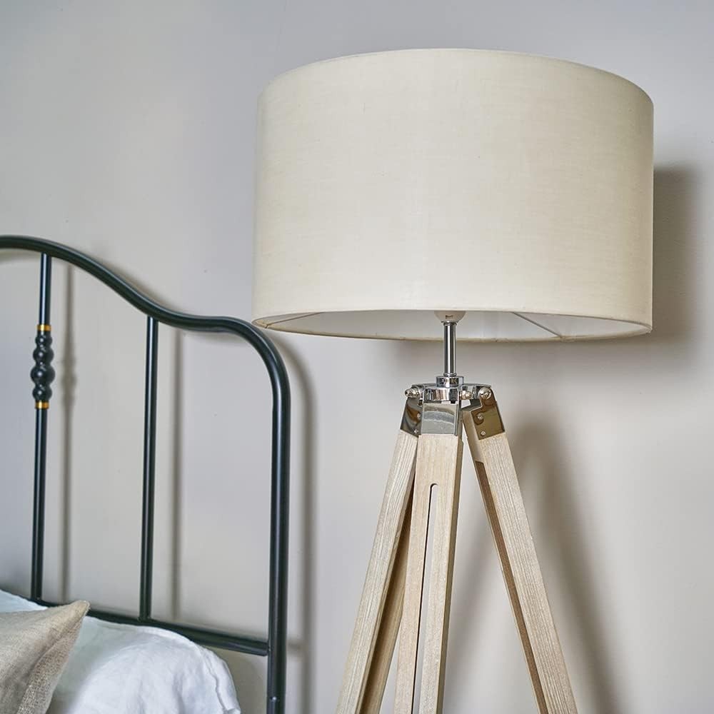 Modern Tripod Floor Lamp with Beige Drum Shade, Wood & Chrome Finish, 154cm