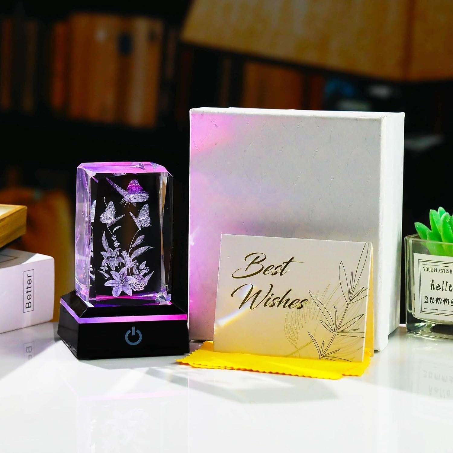 3D Crystal Butterfly & Lily Gift Light Ornament – LED Colour Changing Glass