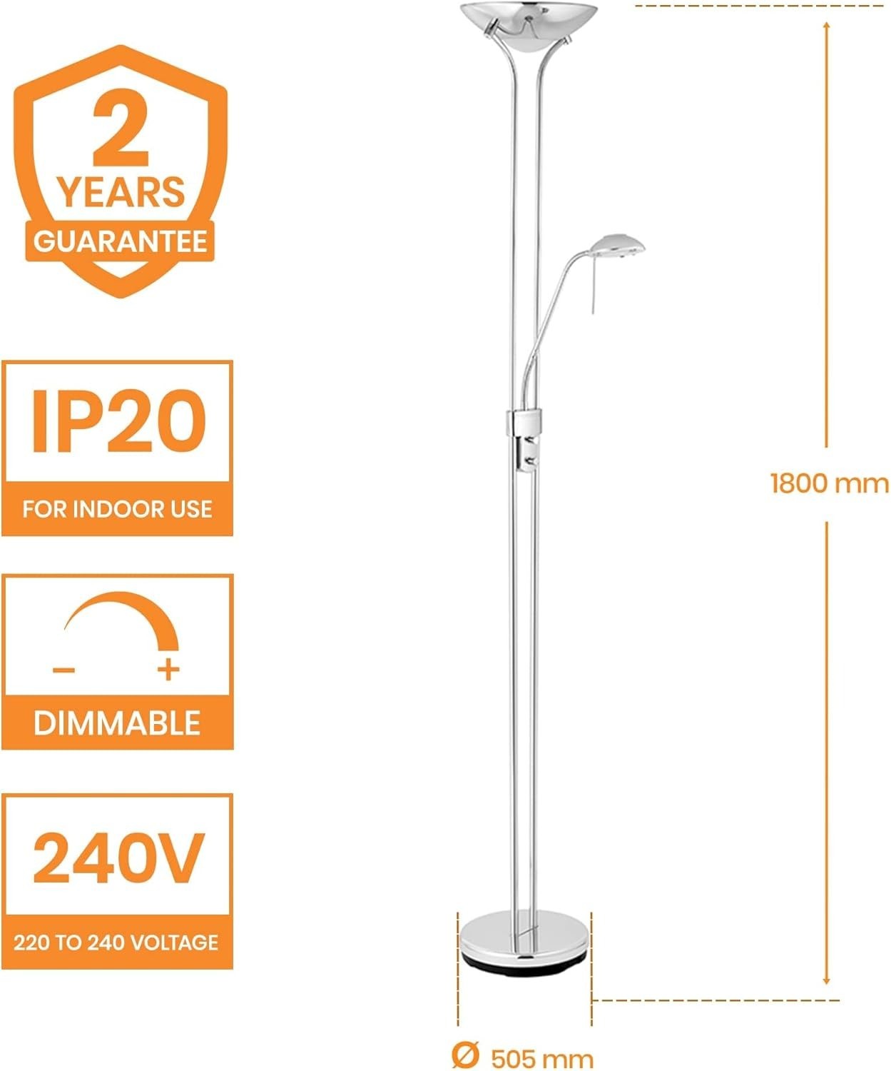 Chrome Dimmable Floor Lamp with Reading Arm 180cm Tall Uplighter Light