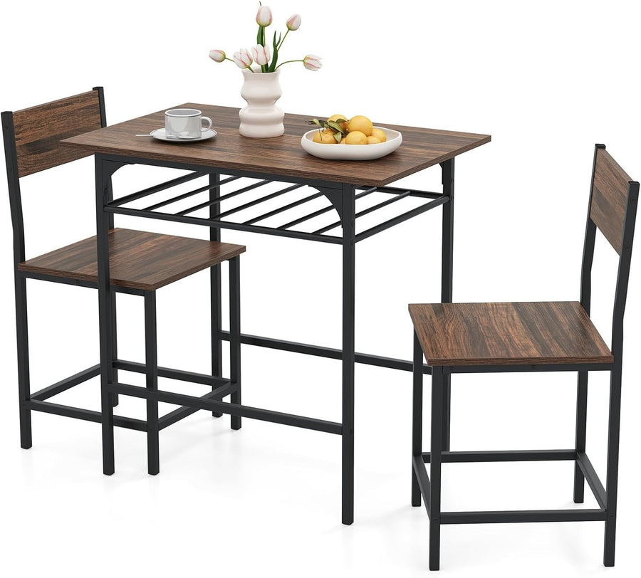 3-Piece Rustic Brown Bar Table Set with 2 Stools & Storage Rack Dining Furniture