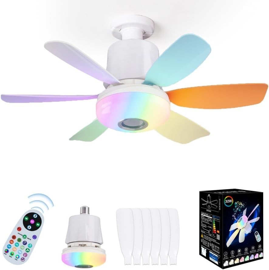 VIMAZ 32W Ceiling Fan with Lights, RGB Music, E27, 3-Speed, 6 Blades, Remote