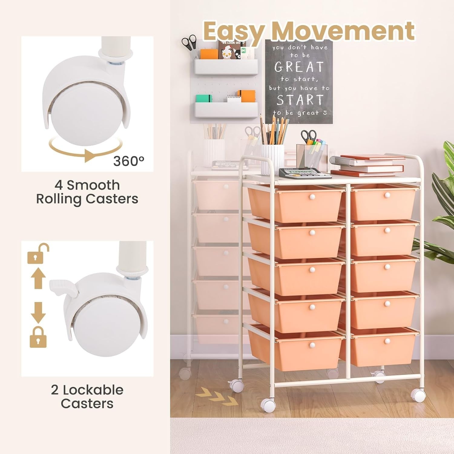 10 Drawer Peach Storage Trolley Rolling Organizer Cart with Wheels