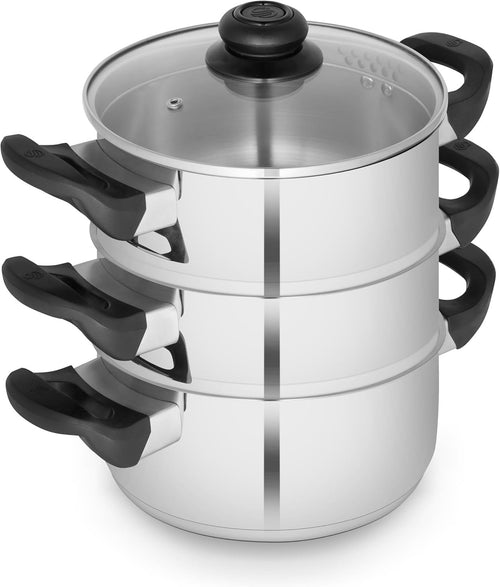3Tier Stainless Steel Steamer Pot with Glass Lid 18 cm Induction Dishwasher Safe