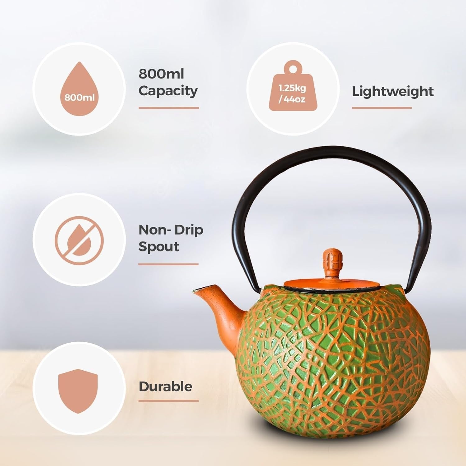 Cast Iron Teapot 800ml Tetsubin Tea Pot w/ Infuser Orange Green