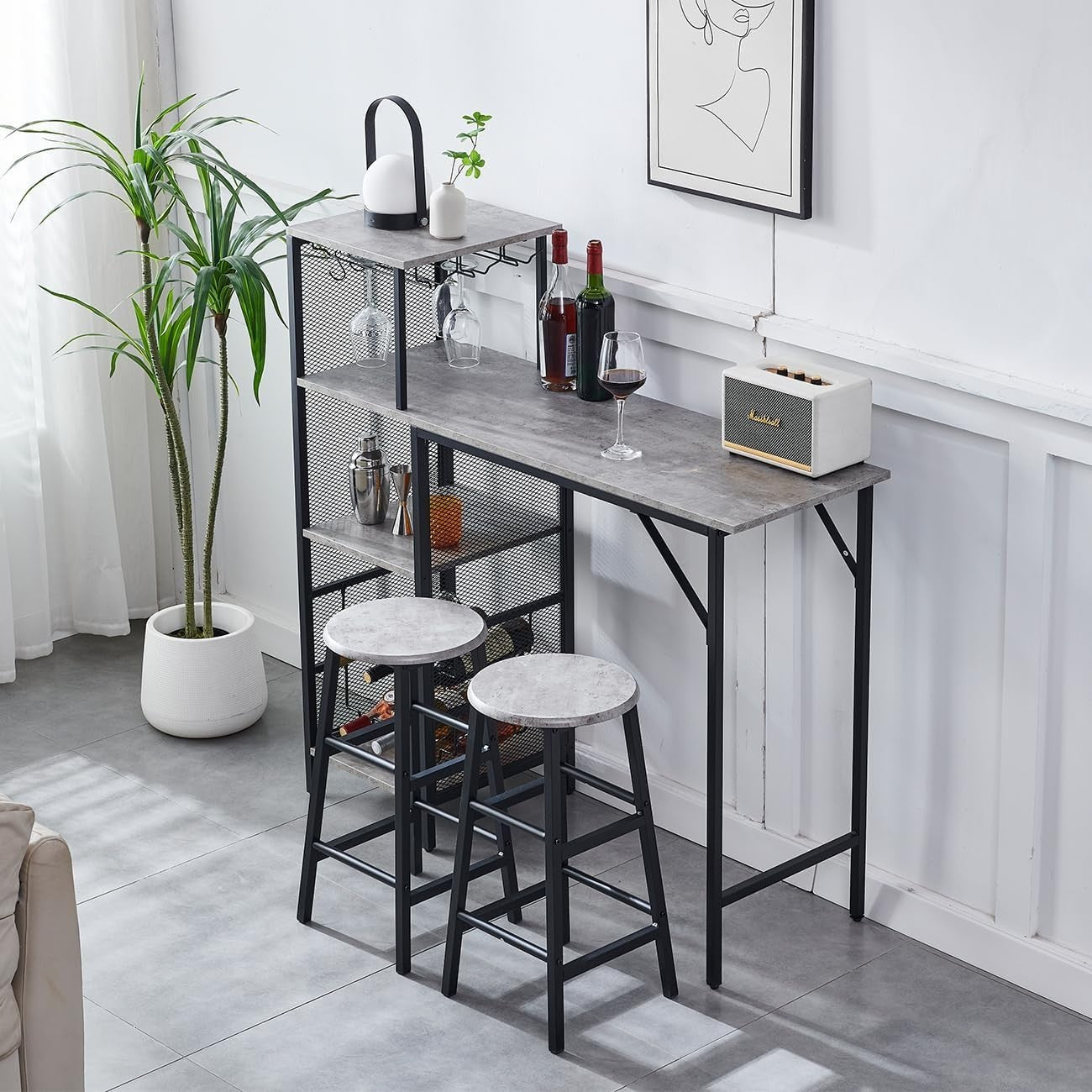 3Pcs Bar Table Set with Stools Wine Rack Cup Holder Grey Marble Dining Unit