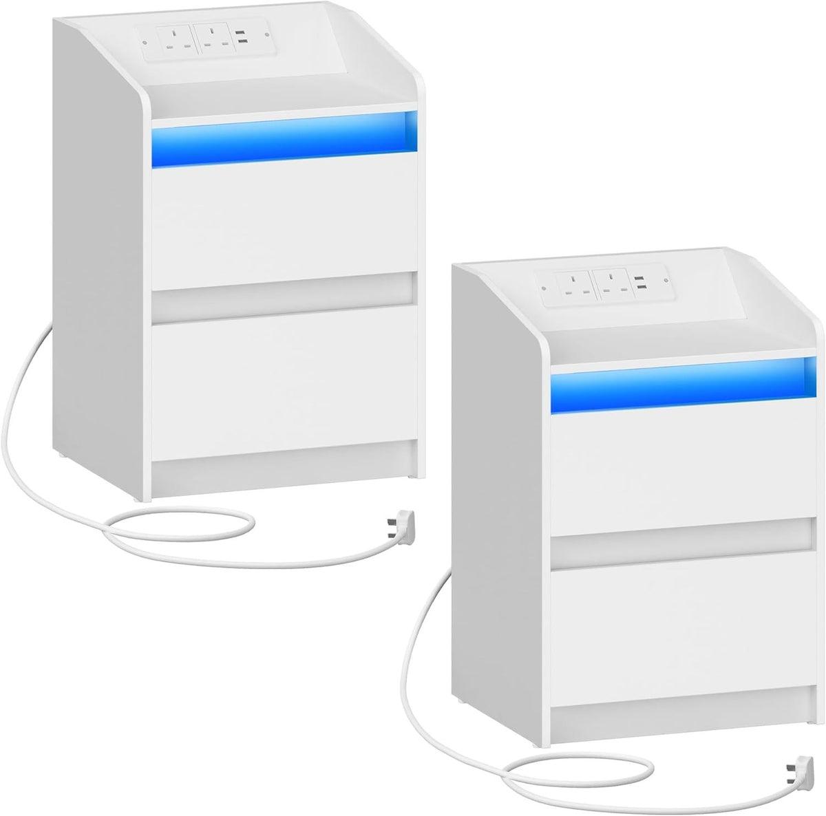 Set of 2 LED Bedside Tables with USB Charging Station Modern White Drawers
