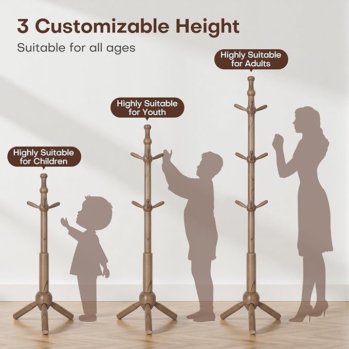 Adjustable Height Wooden Coat Rack 188cm Freestanding Tree Stand with 9 Hooks