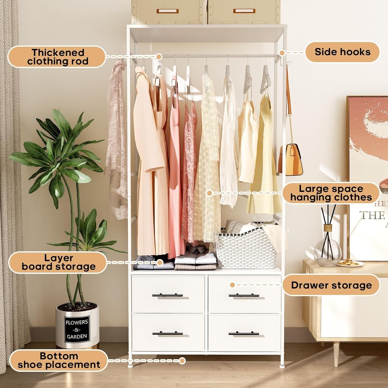 Open Wardrobe Clothes Rail with 4 Drawers & Hooks White