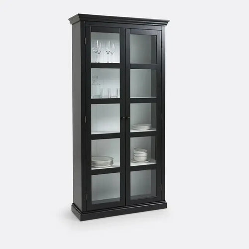 Tall Glass Display Cabinet Black Solid Pine Storage Unit 100x200x37cm