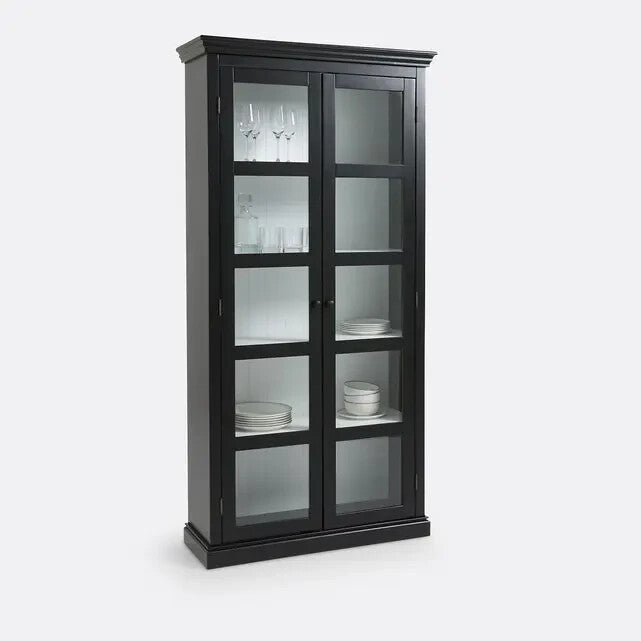 Tall Glass Display Cabinet Black Solid Pine Storage Unit 100x200x37cm