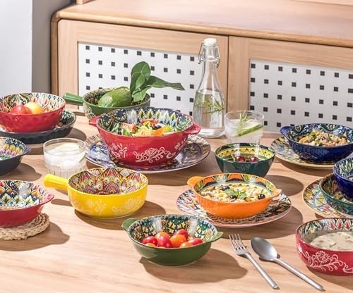 Henten Home Bohemian Salad Bowl Set of 2 – 49 oz Large Ceramic with Handles