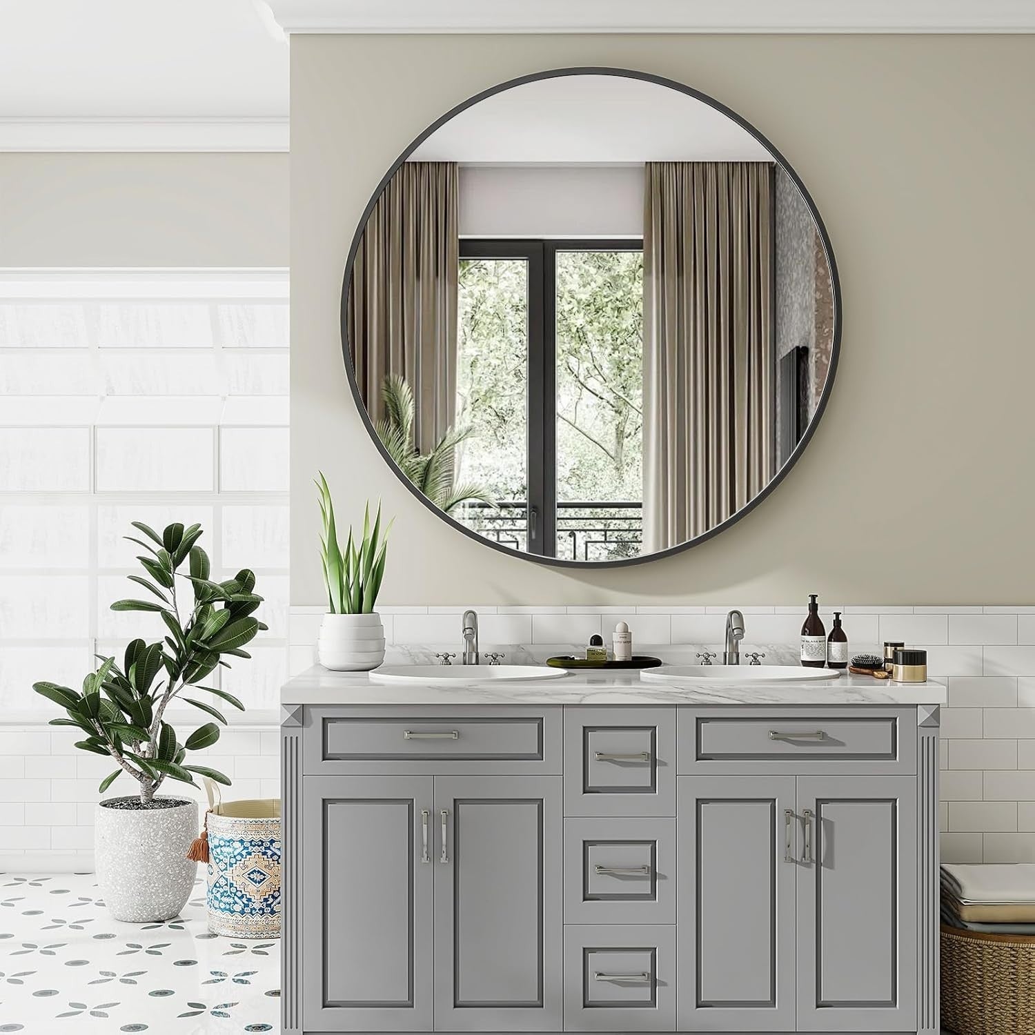 Large Round Wall Mirror 106cm with Seamless Aluminum Frame & Easy Mount