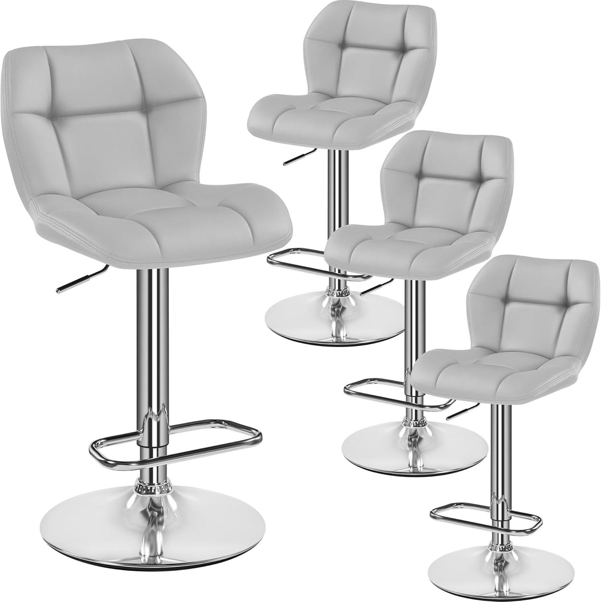 Swivel Bar Stools Set of 4 Light Grey PU Adjustable Counter Chairs