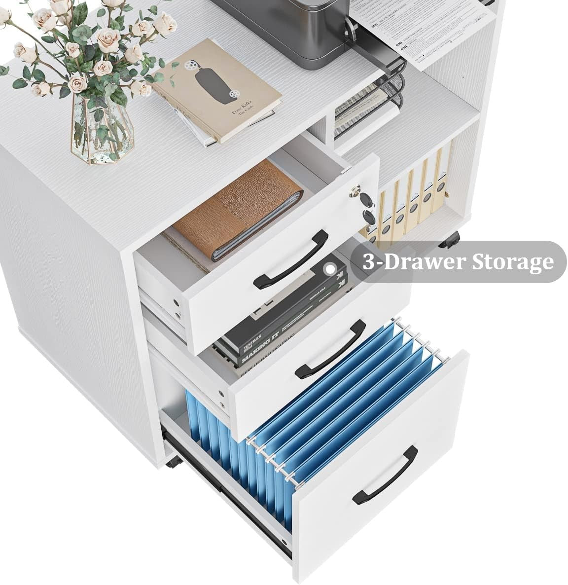 White Lateral Mobile Filing Cabinet 3 Drawer Printer Stand Storage