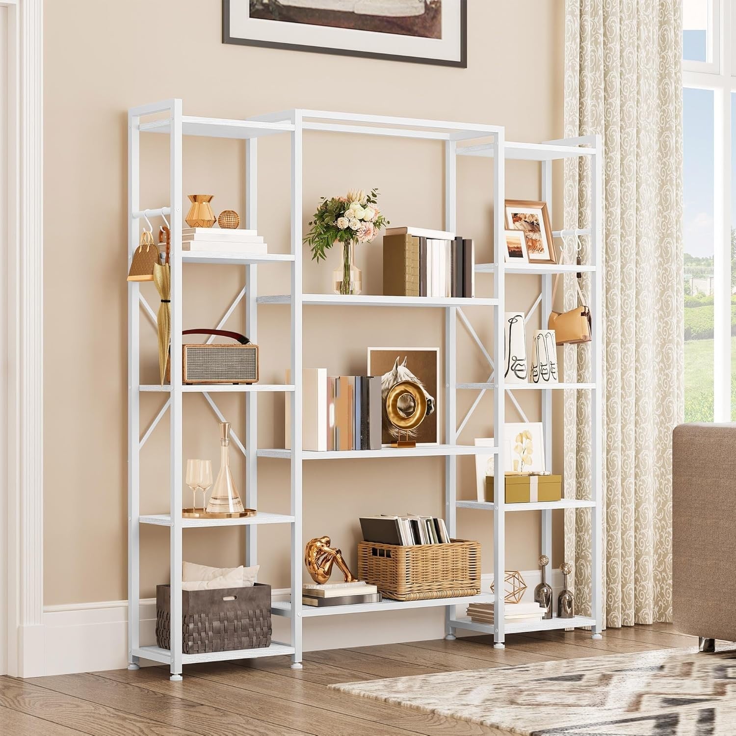 13 Shelf Industrial Bookcase Pure White Metal & Wood Storage Display Rack