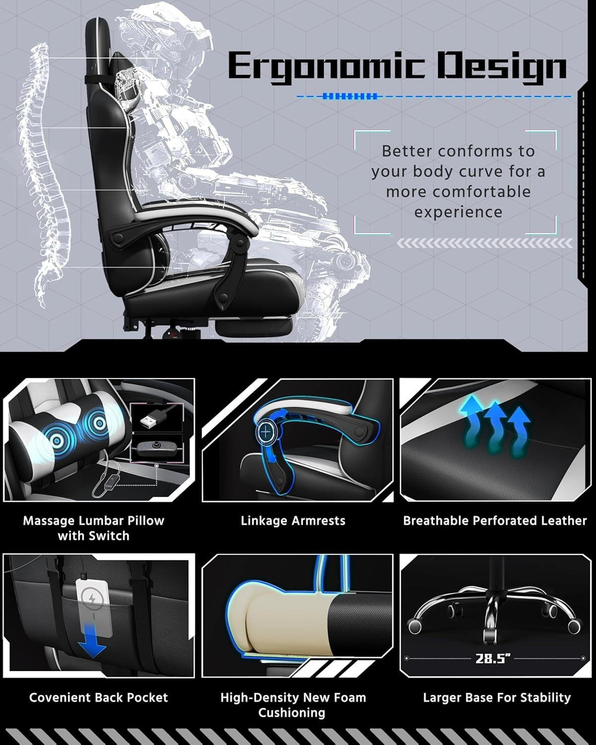 Ergonomic Gaming Chair Recliner w/ Footrest Massage Lumbar