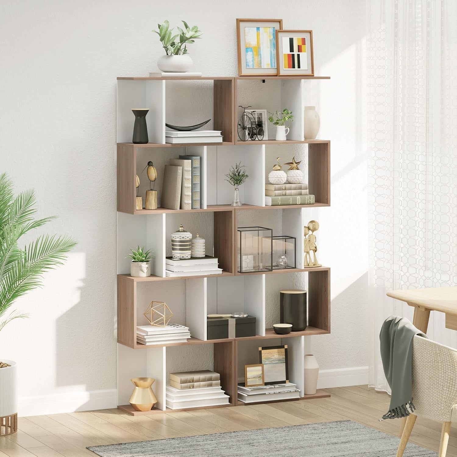 Modern S-Shape 6-Tier Freestanding Bookcase Oak & White – Stylish Display Shelf